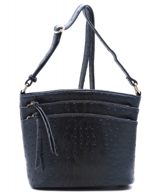Ostrich Croc Multi Zip Pocket Crossbody Bag OS059 NAVY